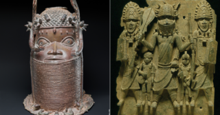 Gedenkkopf und Reliefplatte sind nur zwei von über 500 Objekten aus dem ehemaligen Königreich Benin, heute Nigeria, die derzeit im Ethnologischen Museum der Staatlichen Museen zu Berlin zu sehen sind. Die Benin-Bronzen befinden sich derzeit noch in Besitz der Stiftung Preußischer Kulturbesitz und sollen an ihr Heimatland zurückgegeben werden.